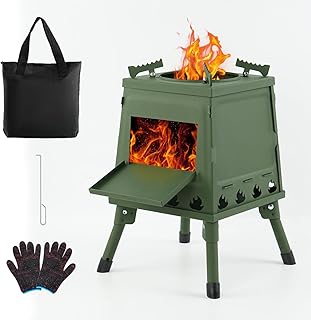 Portable Wood Burning Stove - Lightweight Cast Iron Camp Stove for Backpacking，Portable and Easy-To-Assemble Backpacking Camping Stove Kit (Green, Small)