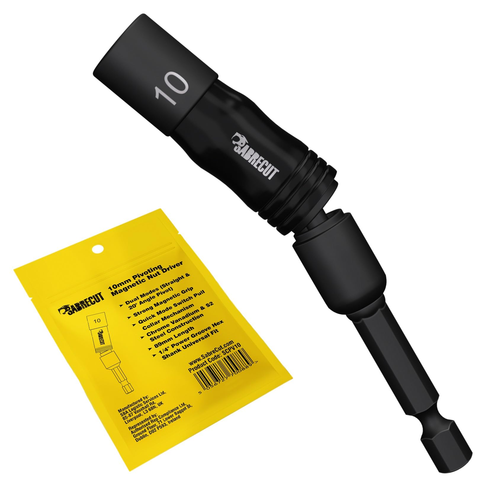 Sabrecut 1 X Scpv10 10Mm Pivoting Magnetic Nut Driver - Quick Switch Pull Collar Dual Mode (Straight And 20 Degrees Pivot) 89Mm Magnetic 1/4" Hex Shank Socket Driver For Drills And Impact Drivers