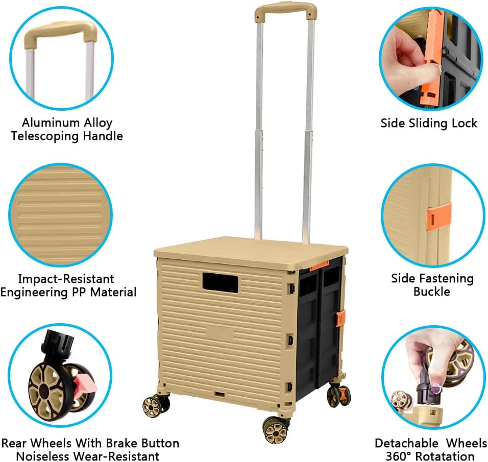 felicon selorss foldable utility cart folding portable rolling crate handcart with durable heavy duty plastic telescoping handle collapsible 4 rotate wheels for travel shop move luggage office(khaki khaki by06-4 double wheels