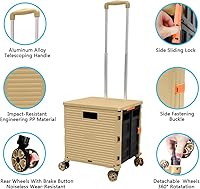 Vista 274 de FELICON SELORSS - Carrito plegable portátil con ruedas para subir escaleras y ruedas giratorias de 360°, mango telescópico, caja de plástico