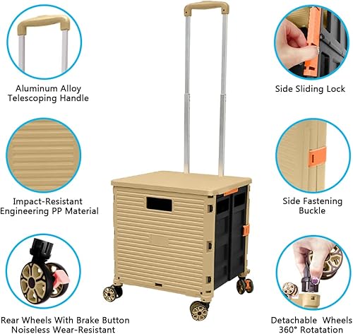 Miniatura 274 de FELICON SELORSS - Carrito plegable portátil con ruedas para subir escaleras y ruedas giratorias de 360°, mango telescópico, caja de plástico