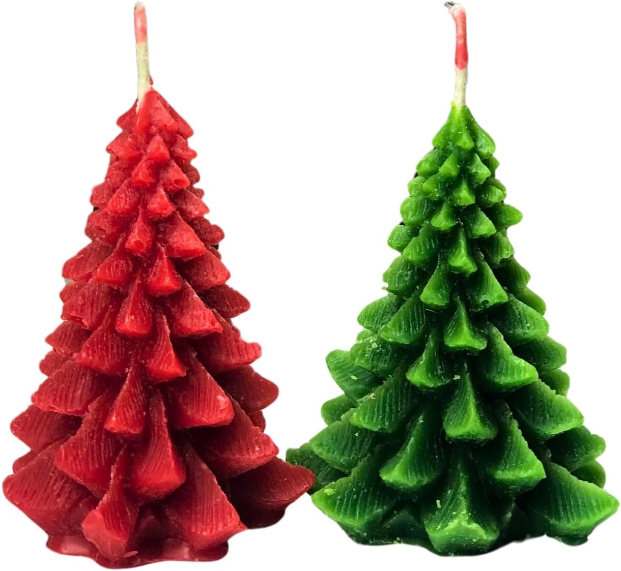 Christmas Tree Shaped Candle Set – Red & Green Unscented Decorative Holiday Candles, Pine Tree Design for Christmas Decor, Winter Table Centerpieces, Gifts – Handmade Wax Candles (2 Pack)