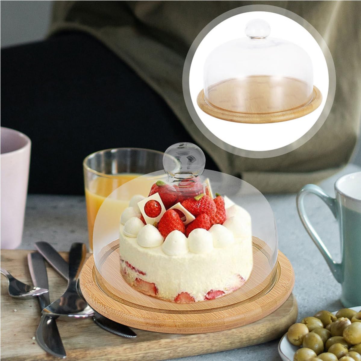 Cúpula de Cristal para Pastel con Bandeja de Bambú | Cubierta Transparente, Forma Abombada, Uso Diario y Celebraciones, Fácil de Limpiar, Reutilizable