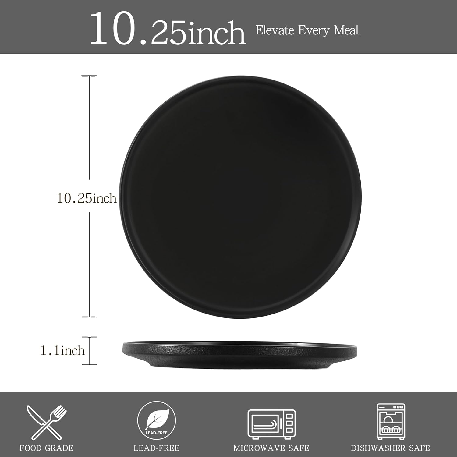10.25 Inch Dinner Plates Set of 4, Matte Glaze Stoneware Plate for Steak & Pasta, Microwave and Dishwasher Safe, Ceramic Plates for Everyday Dining, Matte Black