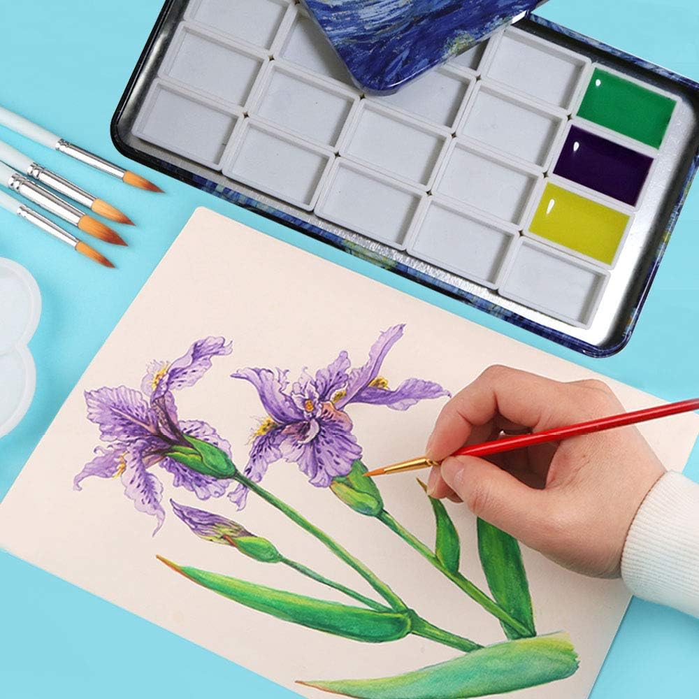 Watercolor Tins with 20Pcs Full Pans Carrying Magnetic Stripe Paint Tin with 40pcs Empty Watercolor Half Pans