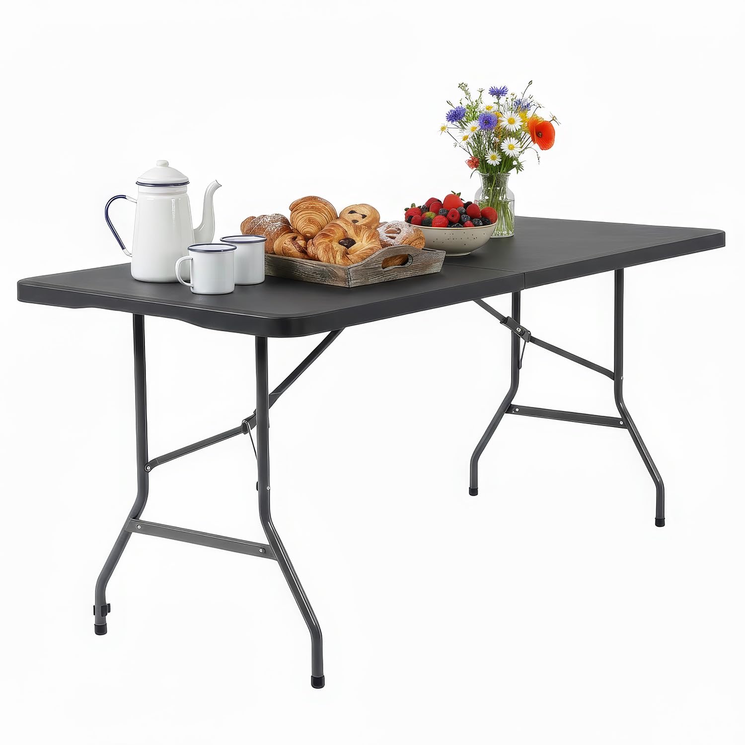 FDW | 6FT Folding Table | Black | Portable Plastic Table