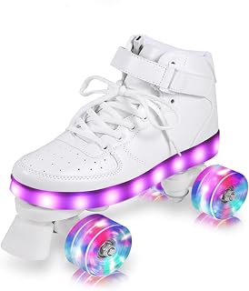 BMOZRM Patines En Adulto Mujer Doble Unisexo Patinaje Cuatro Ruedas Patinaje Exterior Destello Cuero PU(Color:Blanco,Size:33EU)