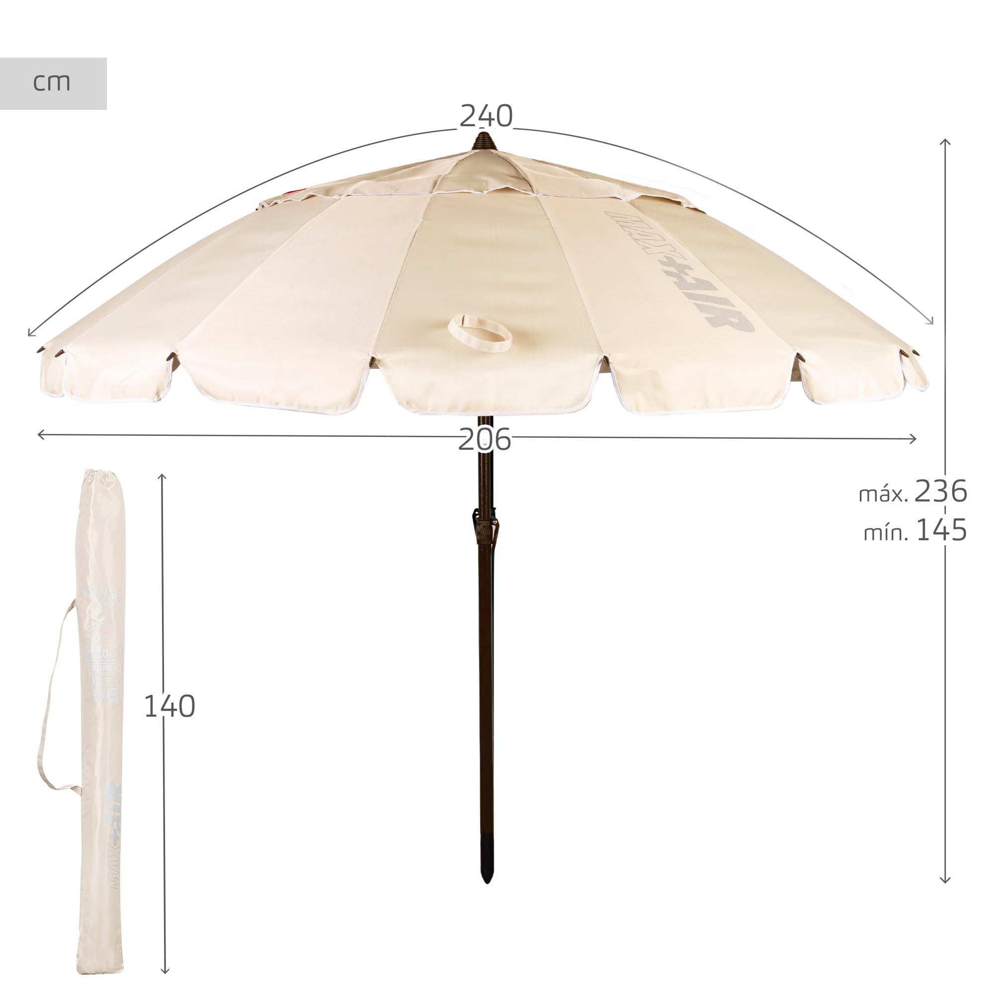 AKTIVE Sombrilla playa anti viento plegable e inclinable Ø240 cm, Con protección UV 50, paravientos playa, sombrillas parasol grandes, incluye bolsa de transporte y protección
