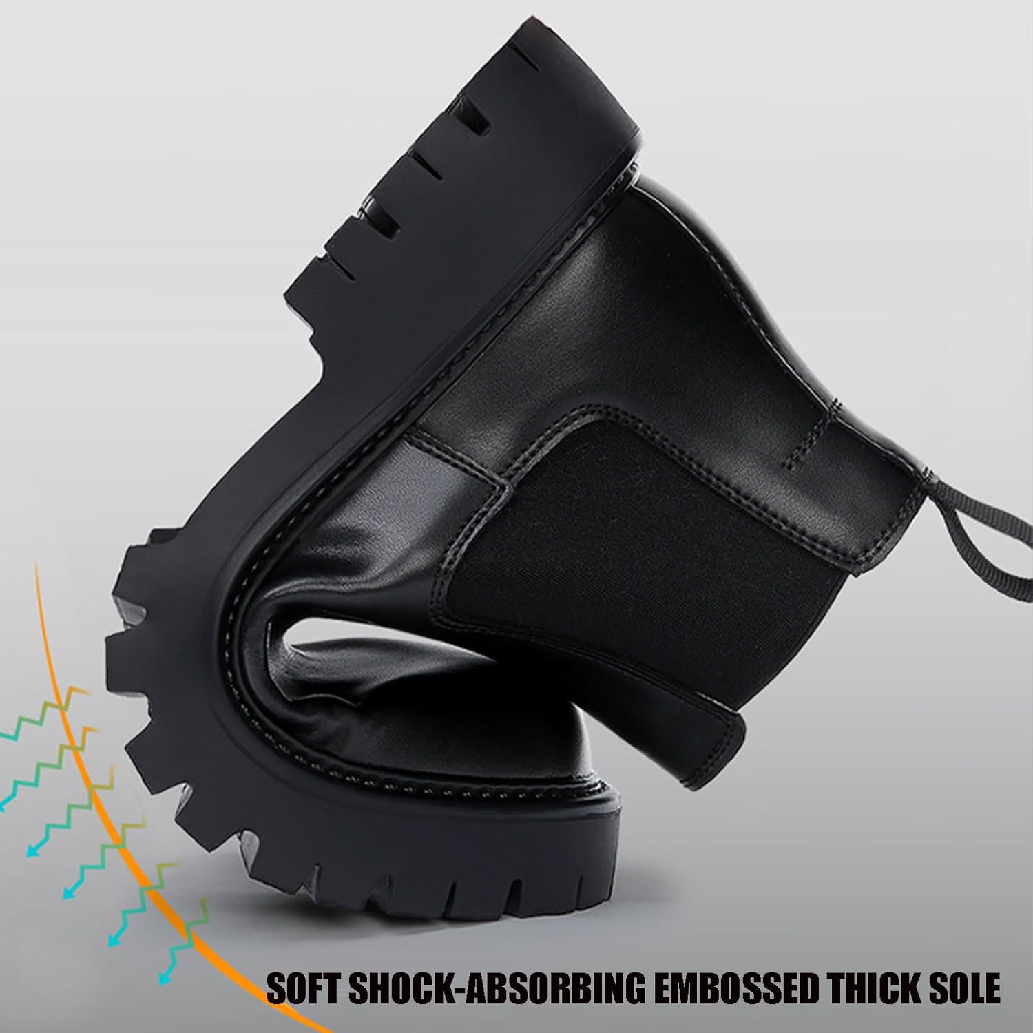 Men's Genuine Leather Chunky Platform Chelsea Dress Boots Luxury Round Toe lug sole Slip-On Outdoor Non Slip Shock Work Ankle Boots - Image 5