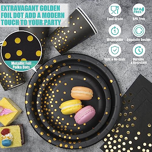 Tiblue Black And Gold Party Supplies - 350 Pcs Christmas Disposable Dinnerware Gold Dot Paper Plate Napkin Cup Plastic Fork Knives Spoon For Birthday Retirement Anniversary Graduation Wedding Party #TOP2