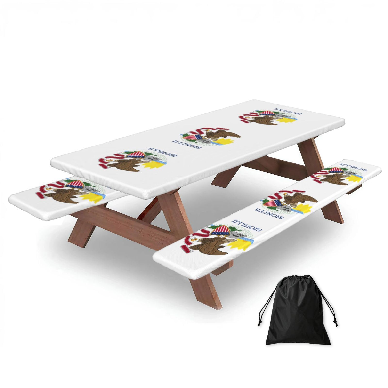 Zyjhyy Black Illinois State Flag Print 3 Pack Wipeable Picnic Bench Cover And Table Cover Lightweight Table Cloth For Camping Outdoor