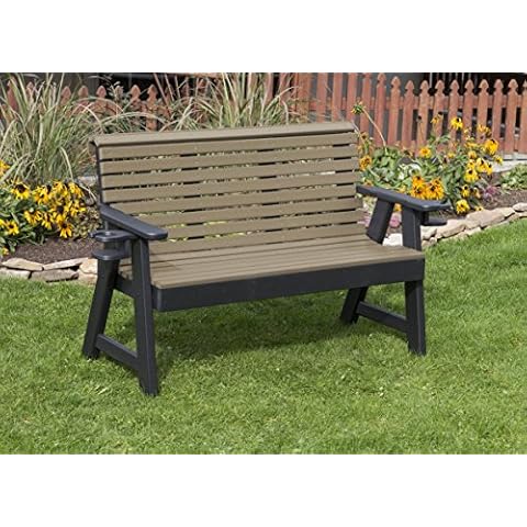 ECOMMERSIFY INC 5FT-Weathered Wood-Poly Lumber ROLL Back Porch Bench with Cupholder arms Heavy Duty Everlasting PolyTuf HDPE - Made in USA - Amish Crafted Cover