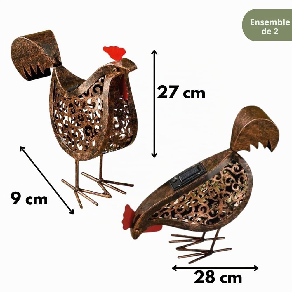 Garden Mile Lot de 2 sculptures d'animaux de jardin en métal effet bronze avec lumières LED à effet silhouette alimentées par énergie solaire Sculptures de poules pour jardin extérieur Résistantes à