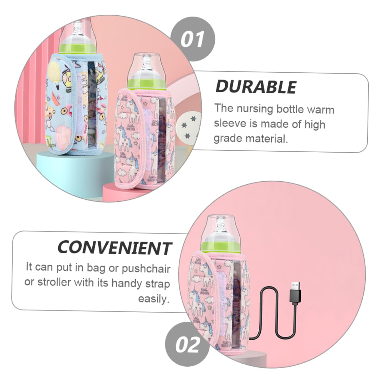 SUPVOX 3 Pezzi set di tazze termiche isolante custodia isolata per biberon termico Caldo manica latte borsa riscaldante con ricarica USB coperchio scaldabiberon di cristallo rosa