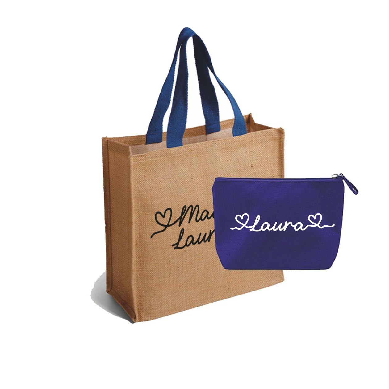 Combo Borsa In Juta E Pochette Coordinate Da Mare | Personalizzabili Con Nome | Dimensioni 38x41 Cm E 22x14x6 Cm | Regalo Estivo Idea Vacanza - 6