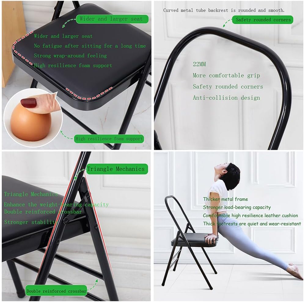 Yoga Chair,Pilates Chair,Yoga Chair Iyengar,Backless Yoga Chair Prop,Folding Stools with Foot Pads,Double Beam Backless Yoga Auxiliary Chair,Black