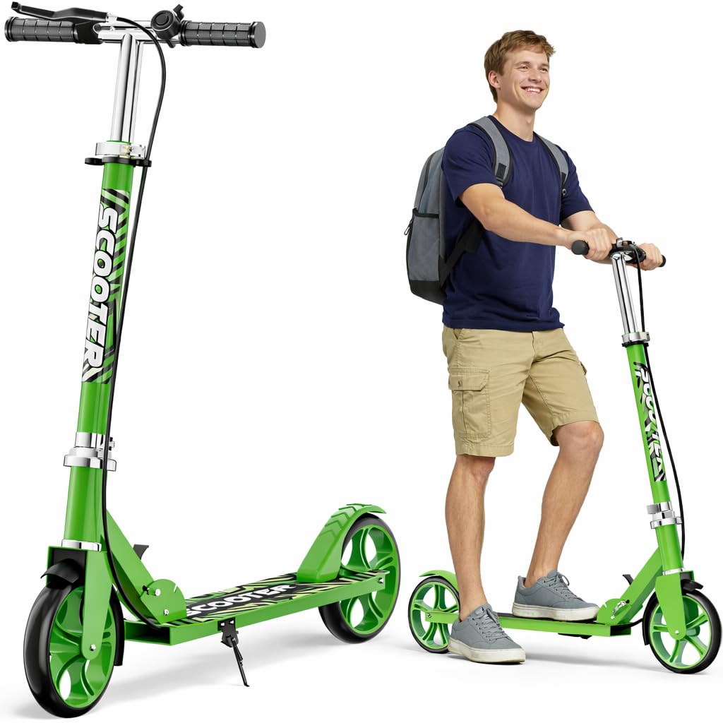 fanado Scooter for Kids Ages 8-12, Teens & Adults - Lightweight, Foldable, 200mm Big Wheels, Hand Brake & Bell, 4 Adjustable Height Levels, Perfect for School, Campus and Park Rides (Green - New)