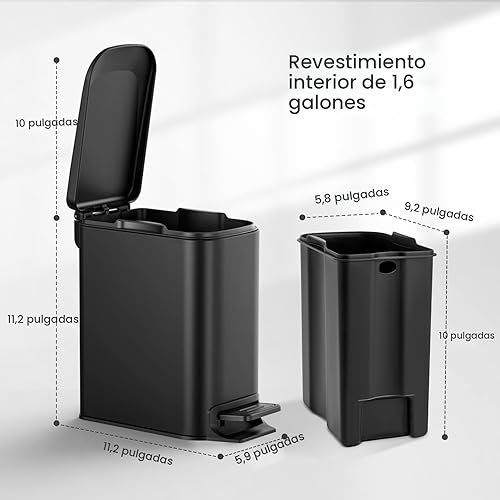 Miniatura 6 de Cesun Cubo de basura pequeño para baño con tapa, cierre suave, pedal escalonado, cubo de basura de acero inoxidable de 6 litros/1.6 galones con cubo