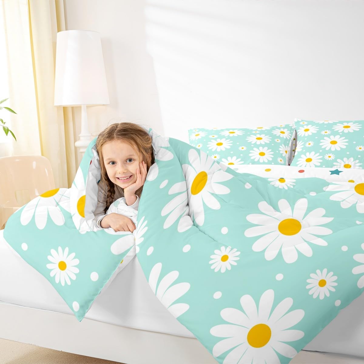 Erosebridal Teal Floral Comforter Set Cute Daisy Girly Bedding Set Garden Plants Cartoon Flowers Comforter Twin Size for Kids Teen Adults,Modern Aesthetic Decor Bed Set 1 Pillow Case