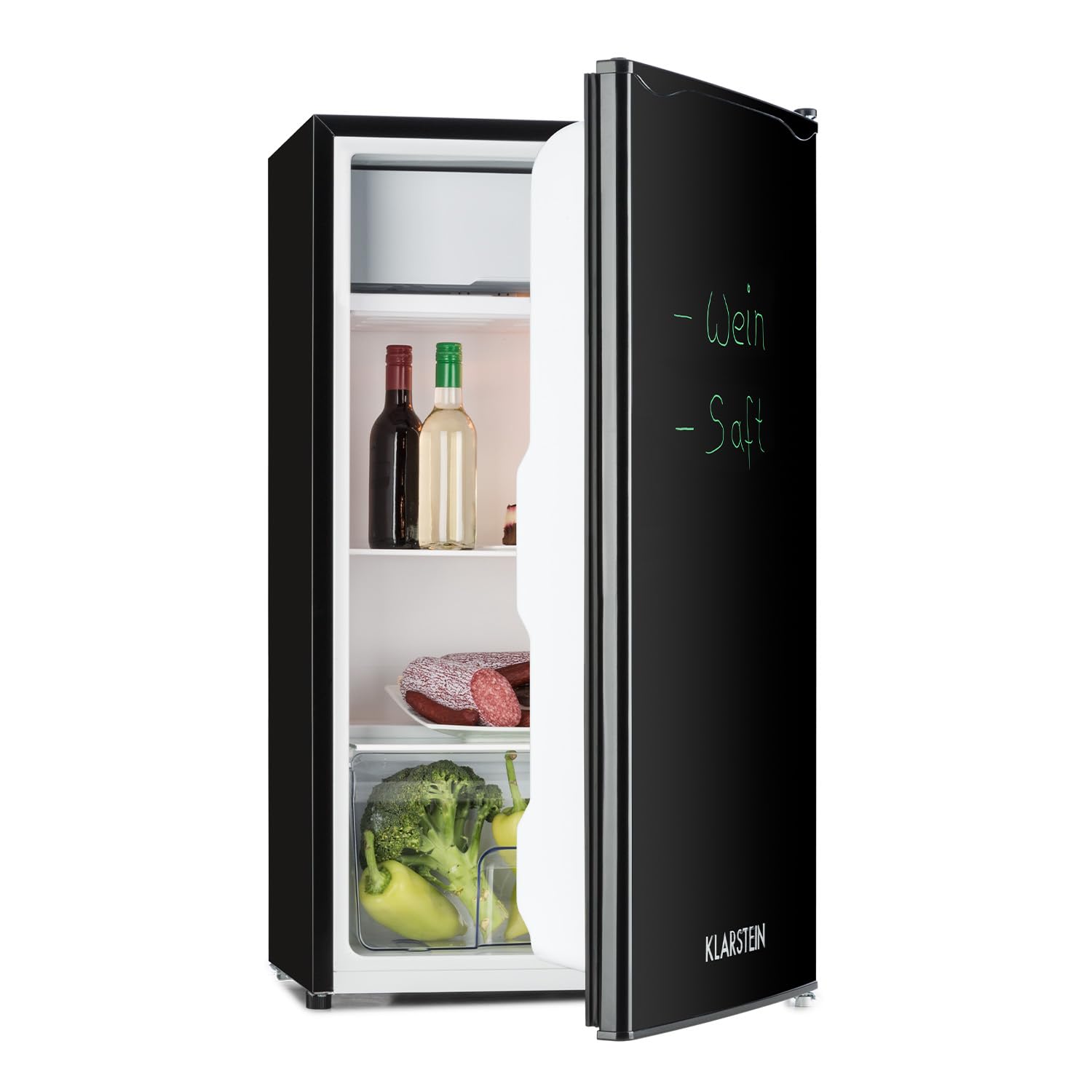 KLARSTEIN Spitzbergen - Refrigerator, Energy Efficiency Class E, Freezer Compartment, ZestfulART Design: Writable Door Including Marker, 2 Door Compartments, Black