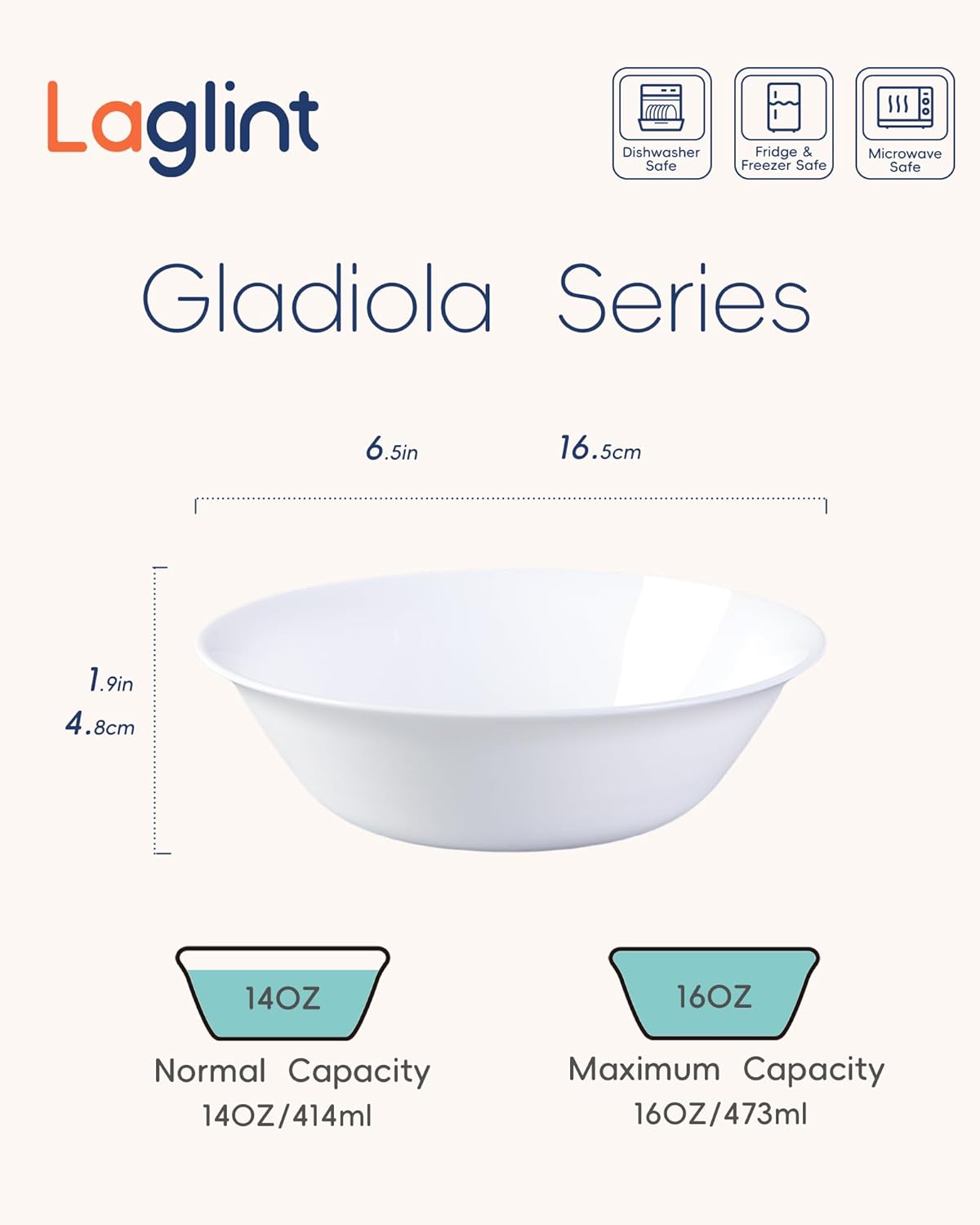 14 OZ (16 OZ MAX) White Opal Glass Cereal Bowl Set of 4, 6.5 inch Dishwasher & Microwave Safe Round Bowls for Soup, Salad and Rice - Image 2