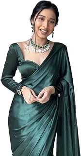 SATAZ Women's Ready to Wear Castleton Green Plain Satin Silk Saree Stitched Readymade with Unstiched Blouse Price In India