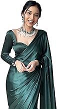SATAZ Women's Ready to Wear Castleton Green Plain Satin Silk 1 Minute Pre Pleated Saree with Unstiched Blouse