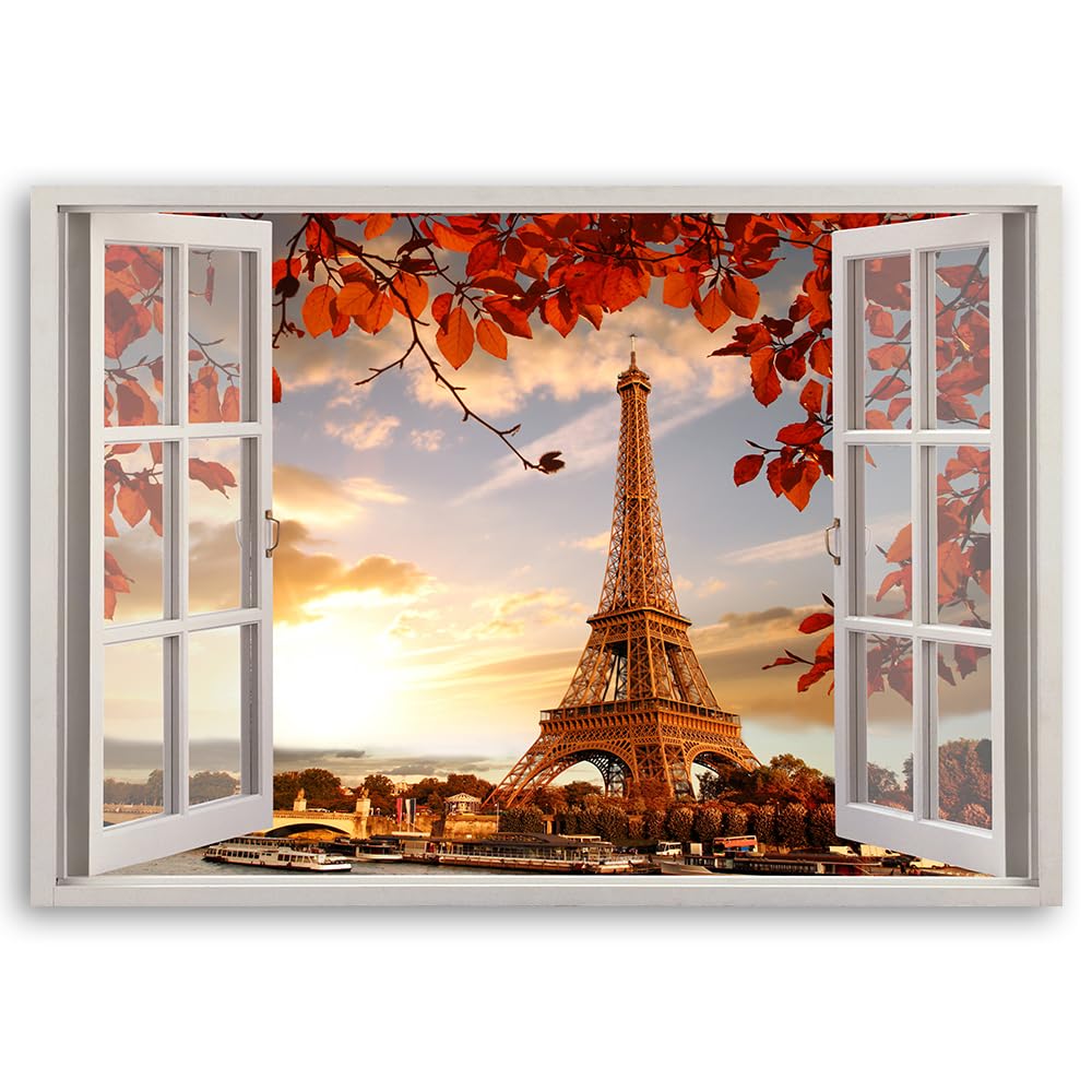 Feeby Impression sur toile intissee - Vue sur la fenêtre Paris Tour Eiffel - decoration chambre - 90x60 cm - tableau decoration murale - decoration maison - ART - poster mural