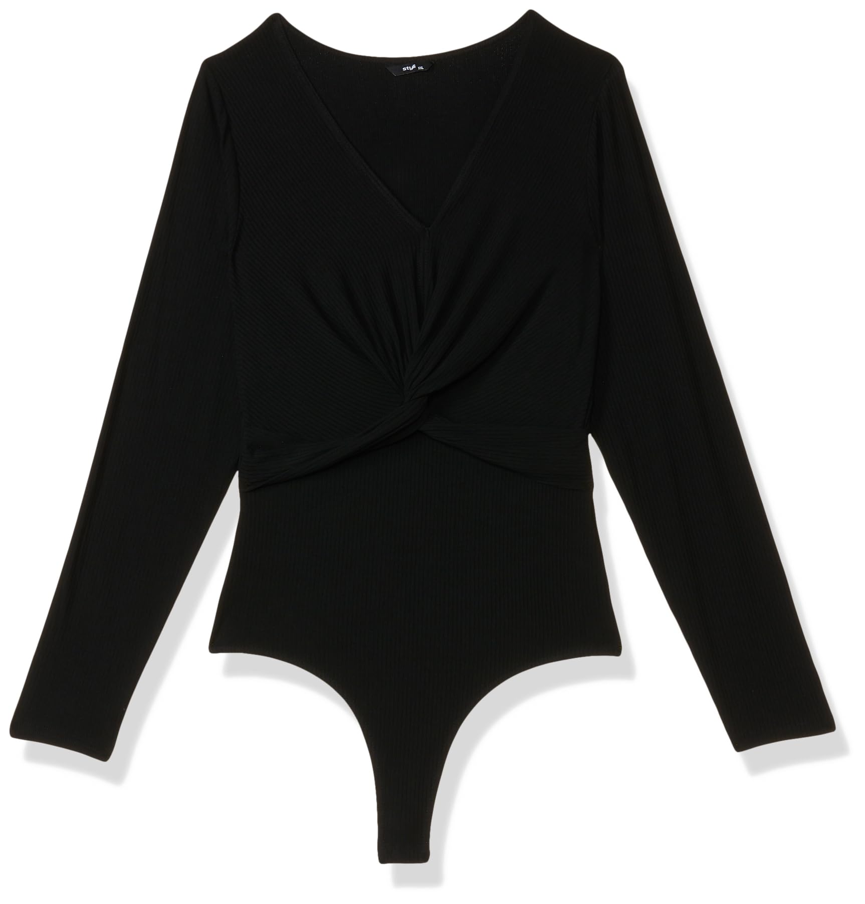Women's Black Long Sleeves V Neck Knot Detail Ribbed Fitted Bodysuit-image-28