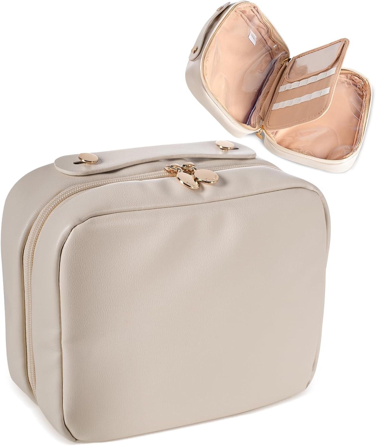 Abiudeng Makeup Bag Travel Wide-open Make Up Bag with Brush Compartments Large Portable Cosmetic Bag Pouch with Handle PU Leather Water-Resistant Makeup Organiser Bag for Women-white