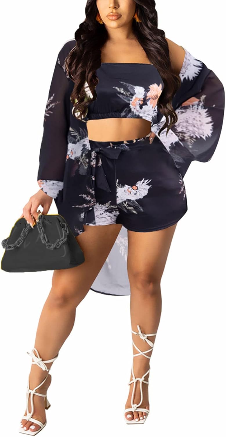 KEYUFANG Women 3 Piece Vocation Outfits Summer Suit Floral Kimono Cardigans Beach Cover Up Crop Cami Top Short Set