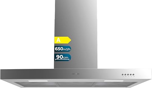 Cecotec Campana Extractora 90 cm Tipo T Bolero Flux TM 906500 Inox A. Motor 165W, Acabado Inox, Succión 650m3/h, Control Mecánico, 3 Niveles de Potencia, Luz y Filtro de Carbono          [Clase de eficiencia energética A]
