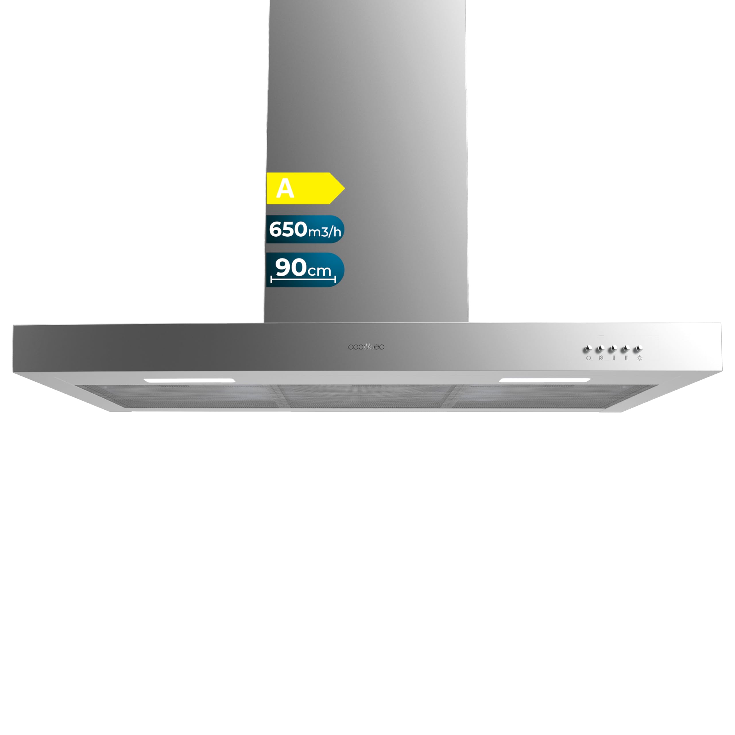 Cecotec Campana Extractora 90 cm Tipo T Bolero Flux TM 906500 Inox A. Motor 165W, Acabado Inox, Succión 650m3/h, Control Mecánico, 3 Niveles de Potencia, Luz y Filtro de Carbono