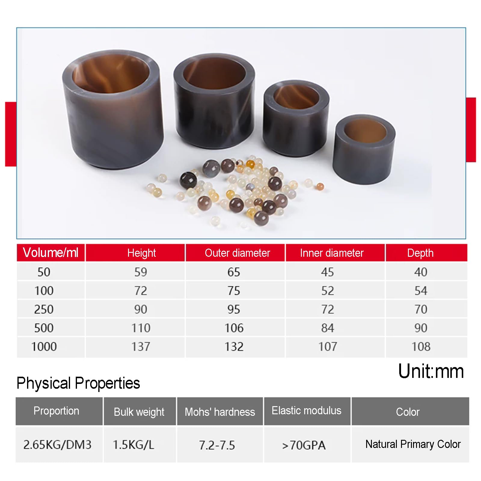 Tarro De Molienda De ágata Natural, Juego De Tanque De Molino De Bolas Planetario, con Cuentas, Anillo De Sellado, Dureza Mohs 7,2~7,5, Sin Impurezas, para Laboratorio 250ml