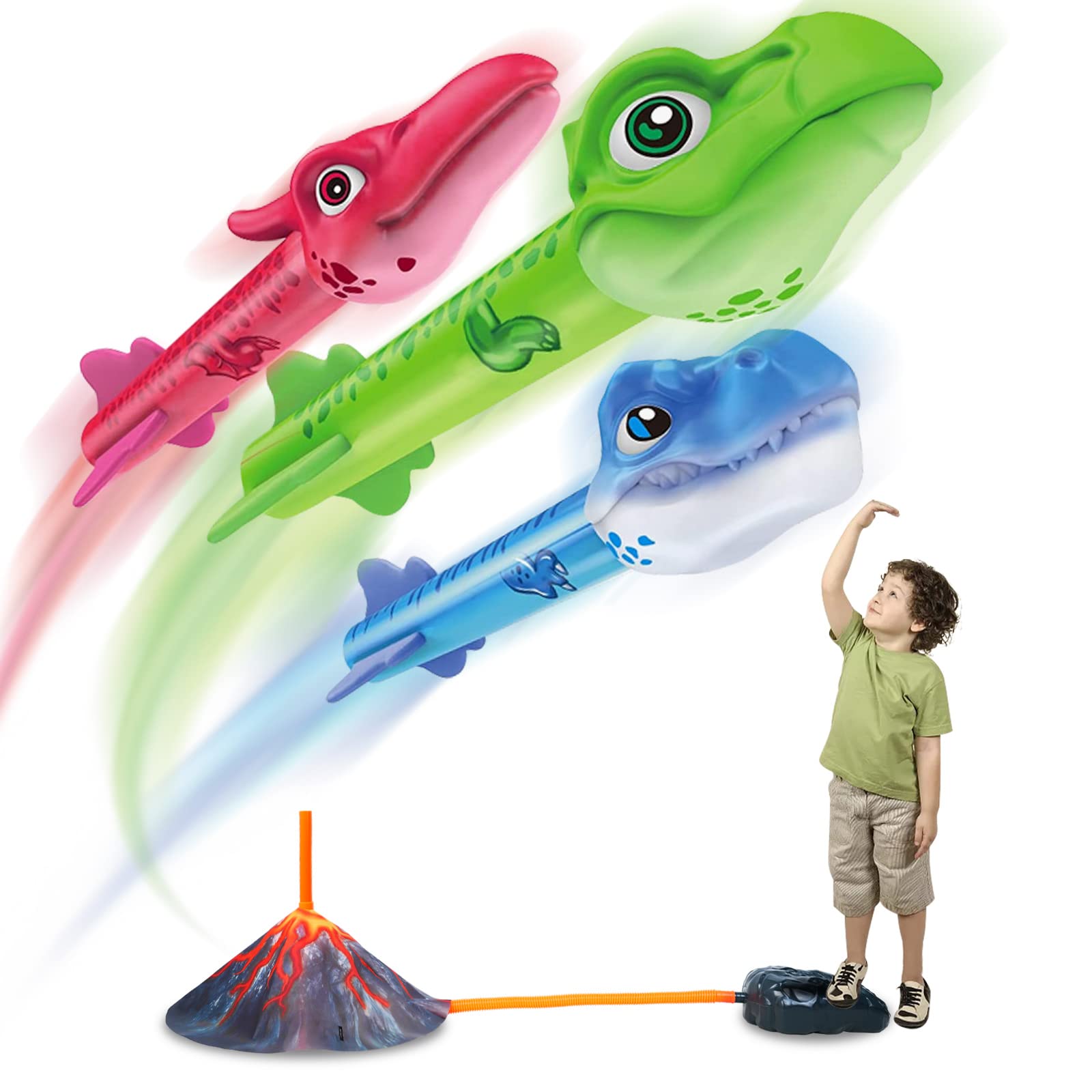 Yinosfun Rocket Lanucher for Kids 3 4 5 6 7 8 Years Old, Dinosaur Air Rocket Toys for Boys and Girls, Ages 3-12 Birthday Gift, Outdoor Toys for Family Fun, Educational Toys