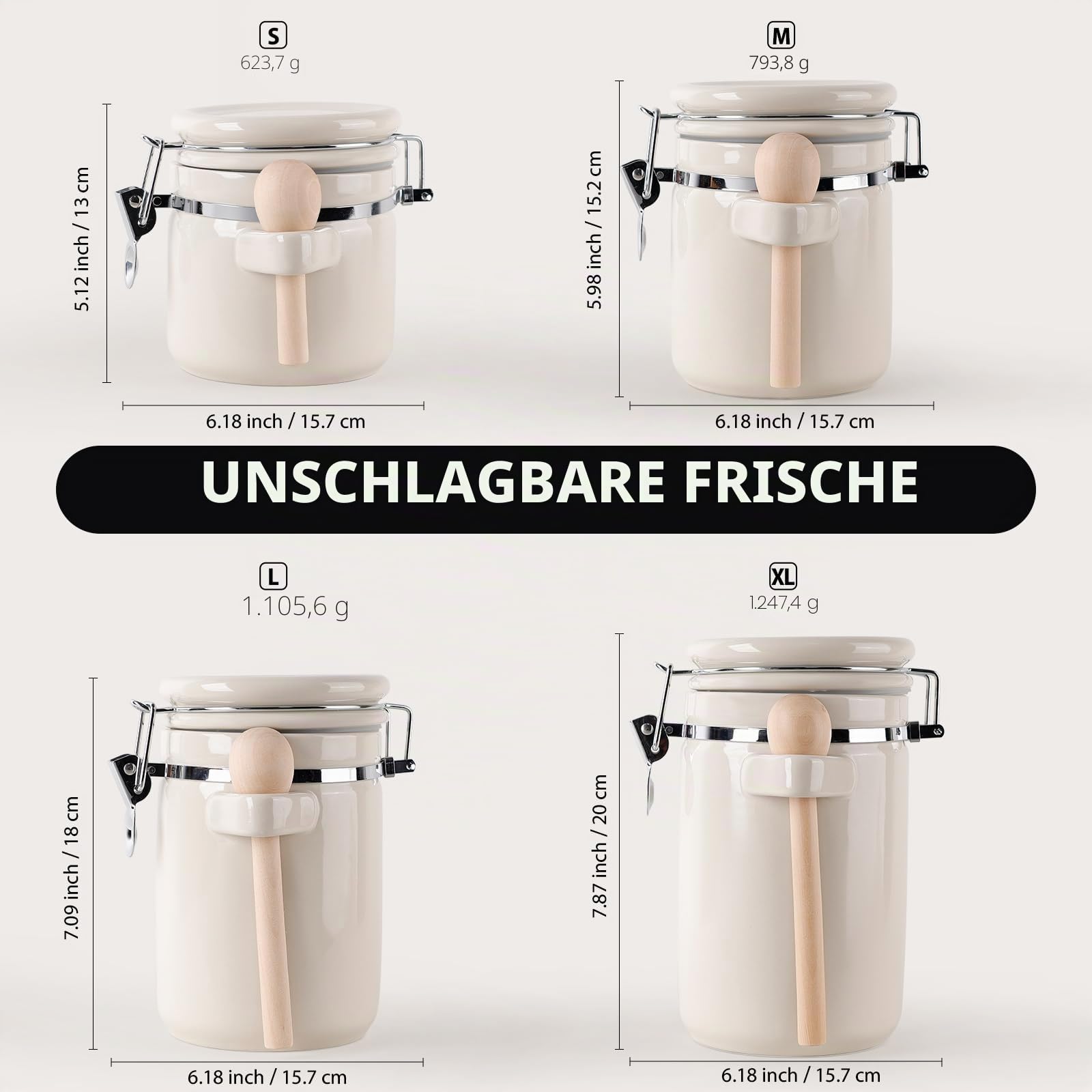 ZEEBERBO 4 Stück Keramik Vorratsdosen Set, Luftdichte Küchen Kanister mit Metallverschluss, Holzlöffel, Kreideetiketten & Marker Für Zucker Kaffee Mehl Tee Vorratsaufbewahrung (Beige)