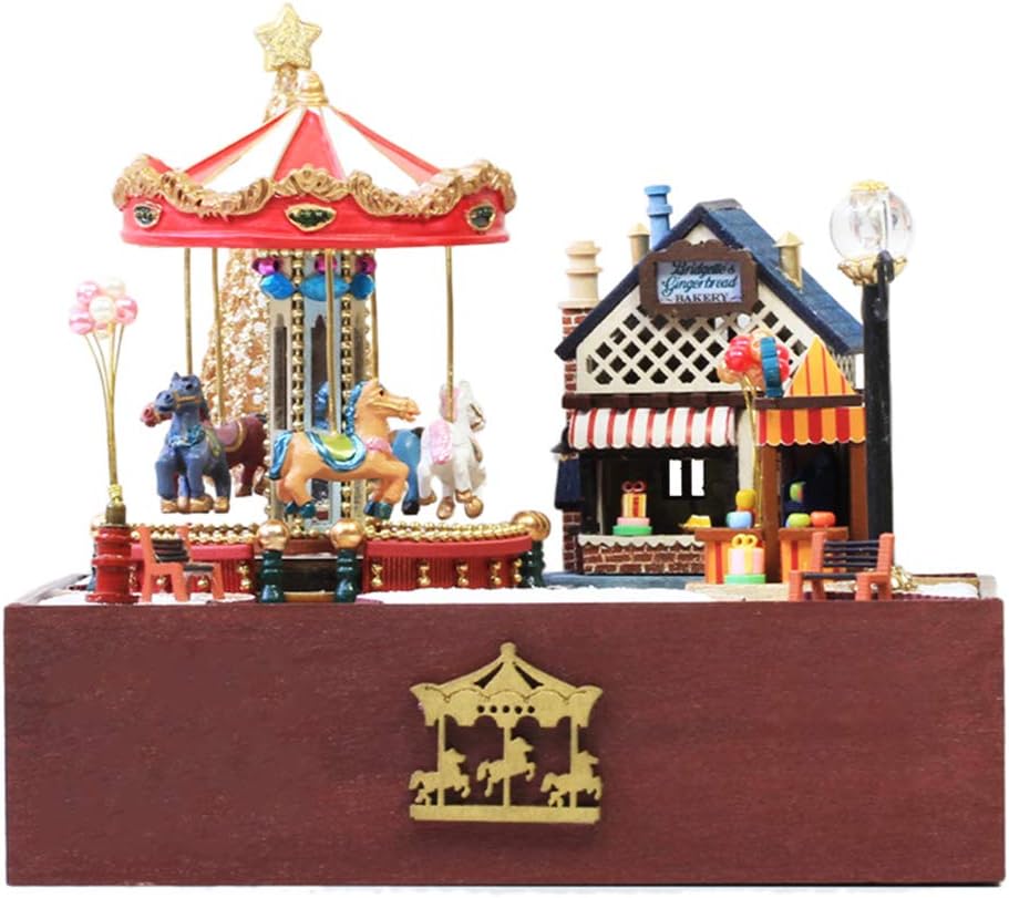 SPILAY DIY Miniature Dollhouse Wooden Furniture Kit,Handmade Mini Home Model with Dust Cover & Music Box ,1:24 Scale Creative Doll House Toys for Lovers (Carousel Happy Garden) T020