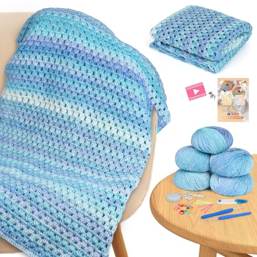 Aeelike Blanket Crochet Kit for Beginners, Super Easy Crochet Blanket Kit with Soft & Colorful Gradient Yarns Detailed Video Tutorials Crocheting Accessories, Aurora Blue Gradient & Ideal Gift