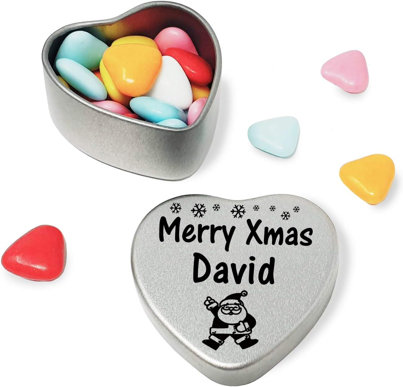 Gift In Can Merry Xmas David Heart Shaped Mini Tin Gift filled with mini coloured chocolates perfect christmas card alternative for David Fun Festive Santa Design