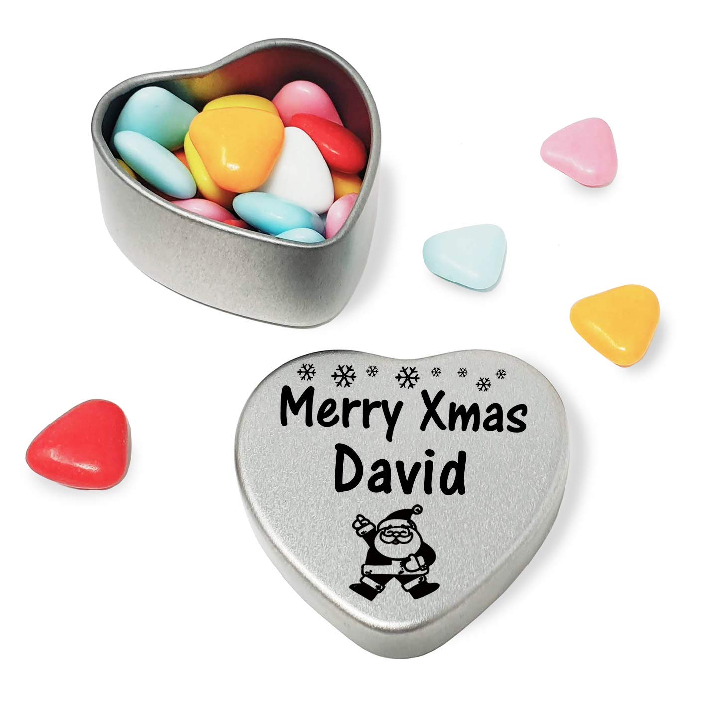 Gift In Can Merry Xmas David Heart Shaped Mini Tin Gift filled with mini coloured chocolates perfect christmas card alternative for David Fun Festive Santa Design