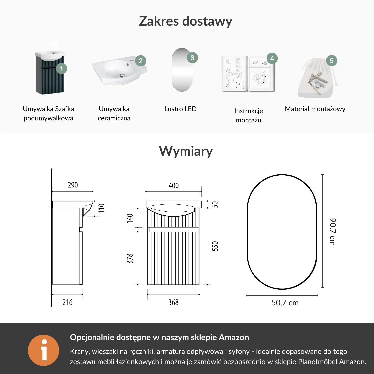 Planetmöbel Umywalka z szafką 40 cm wraz z ceramiczną umywalką i owalnym lustrem łazienkowym z oświetleniem, zestaw mebli łazienkowych do toalety dla gości, antracyt matowy