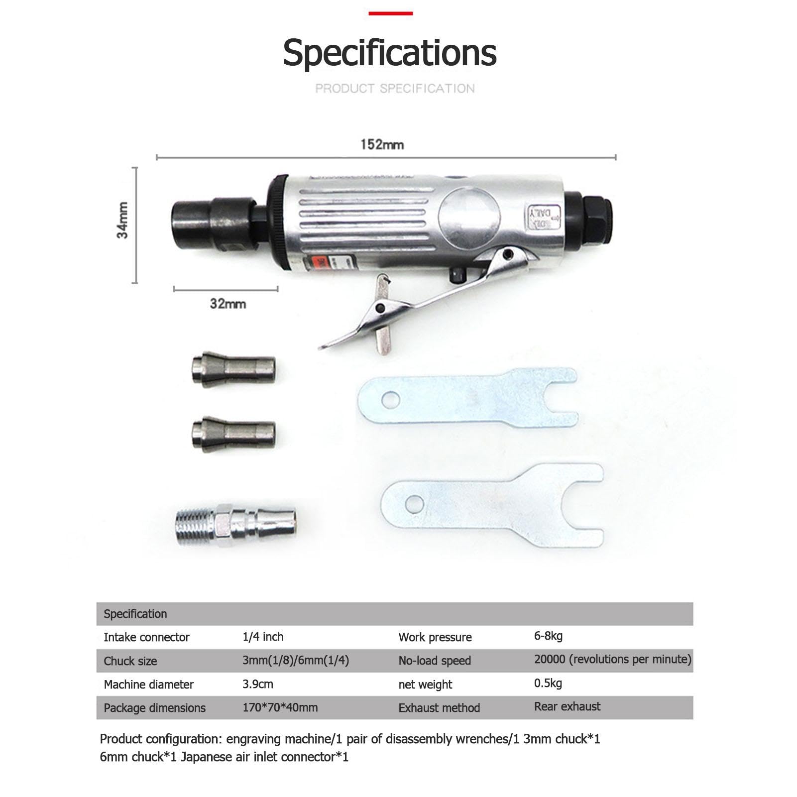 Air Die Grinder, 3/6mm Pneumatic Air Die Grinder Grinding Kit Polishing Engraving Tool 90PSI, Silver - Image 4