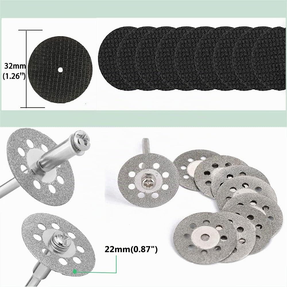 32 Piezas Discos de Corte para Dremel, Disco Corte Diamante & Mini Hoja de Sierra Circular HSS & Mini Disco de Corte de Resina (3mm Mandril) para Madera, Vidrio, Plástico, Piedra, Metal