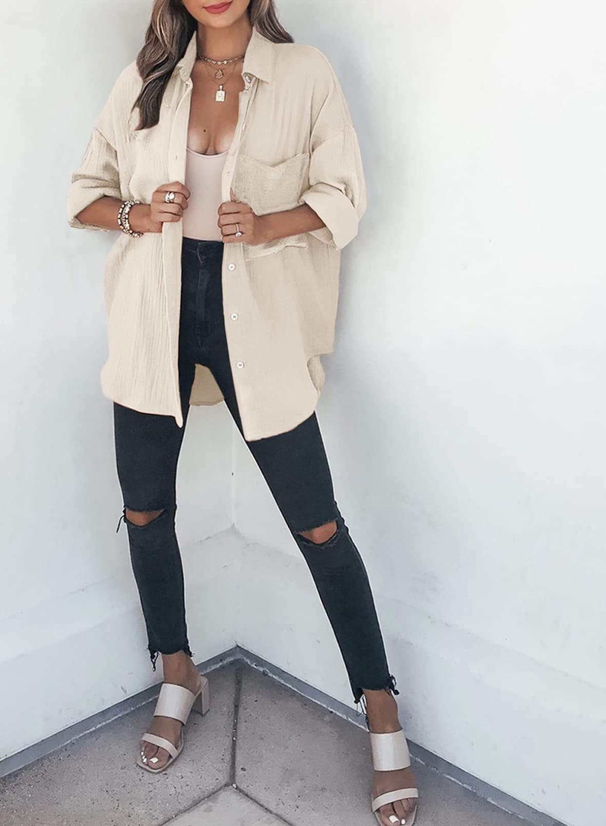 Dokotoo Bluse Damen Musselin Langarmshirt Baumwolle Lässig Oberteile Hemd Langarm Einfarbig Tops Farbblock Shirts Hemdjacke S-XXL