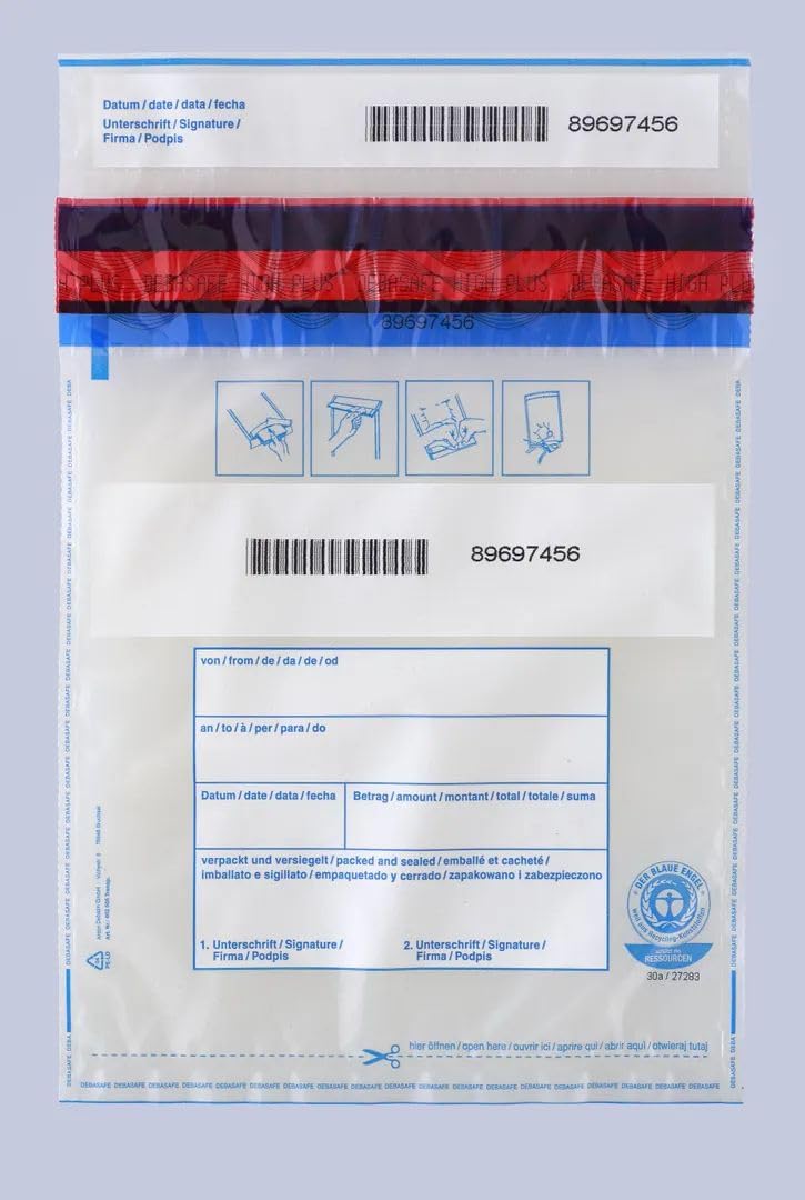 100x Sicherheitstaschen DEBASAFE (195 x 265 + 30 mm (Bon)) DEBATAPE high plus - Transparent - Recyclingfolie (Blauer Engel)
