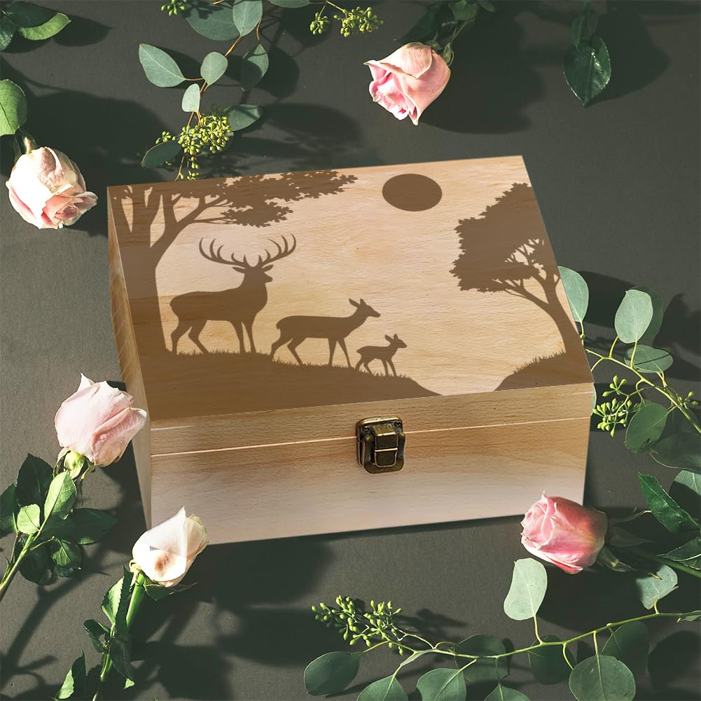 arricraft 1 scatola dei ricordi in legno, una famiglia di tre cervi nella foresta con il sole, scatola decorativa in legno con coperchio a cerniera per foto, DVD, lettere, 24,5 x 19,5 x 10,3 cm