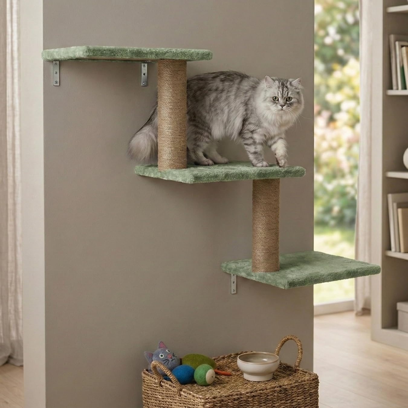 Wall-Mounted Cat Climber, Multi-Level Cat Tree with Jute Scratching Posts, Grey Plush Platforms, Space-Saving Corner Design (30X35X14 INCH) FURR-158 (Green)-image-33