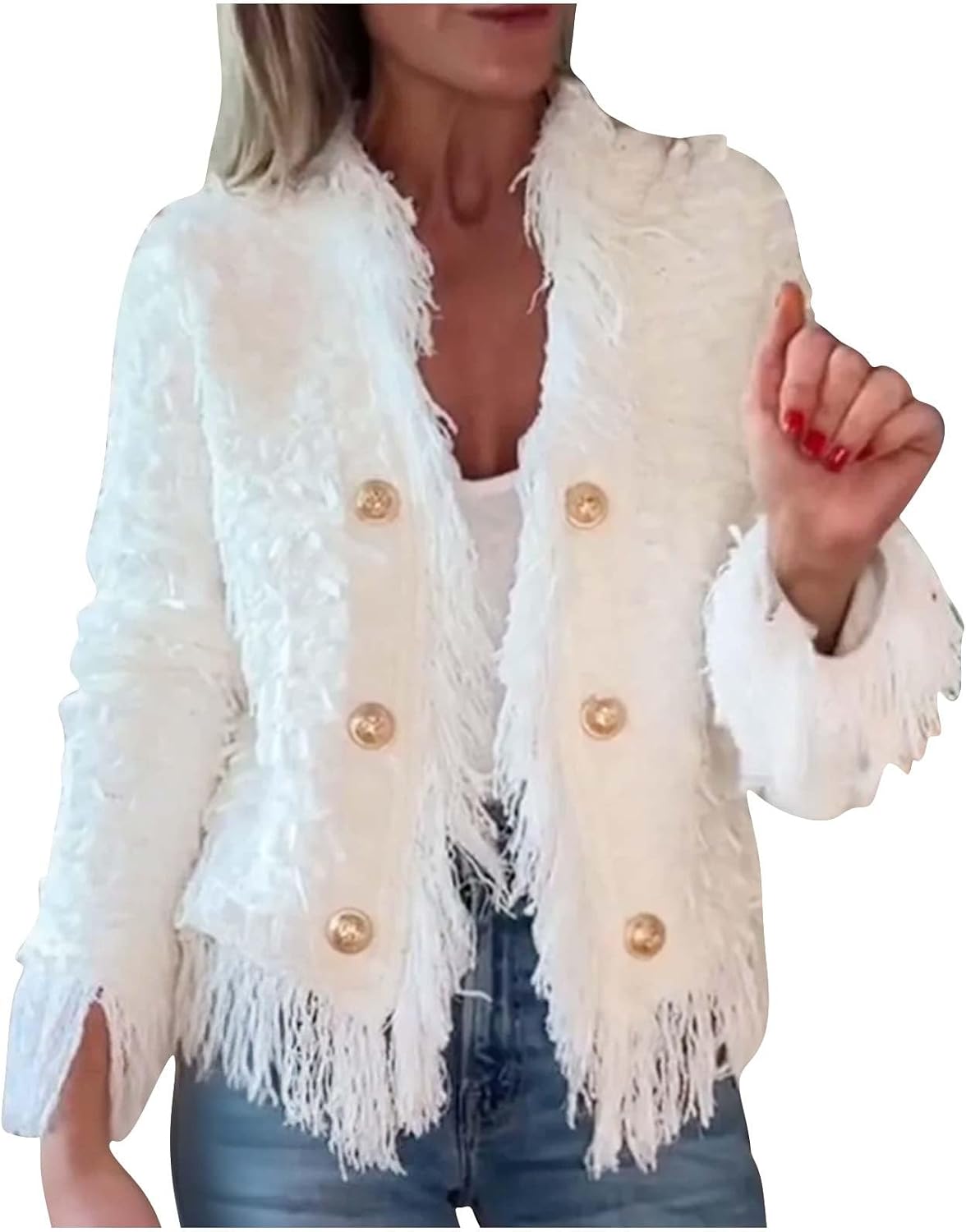 Open Front Cropped Fringe Trim Jacket for Women Long Sleeve Work Office Casual Blazer 2025 Fuzzy Coat Jackets