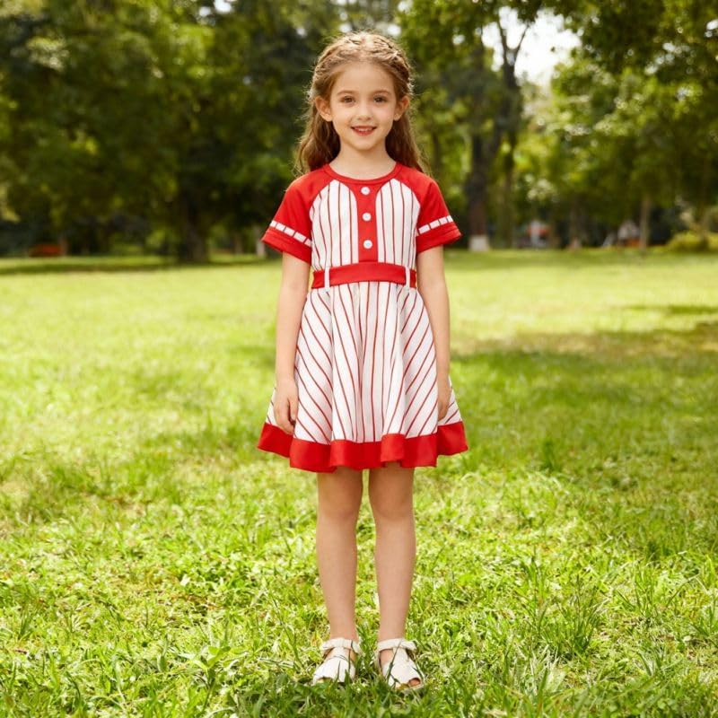 Toddler Baby Girl Dress Baseball Outfit Short Sleeve A Line Mini Striped Dresses with Belt Sports Summer Clothes