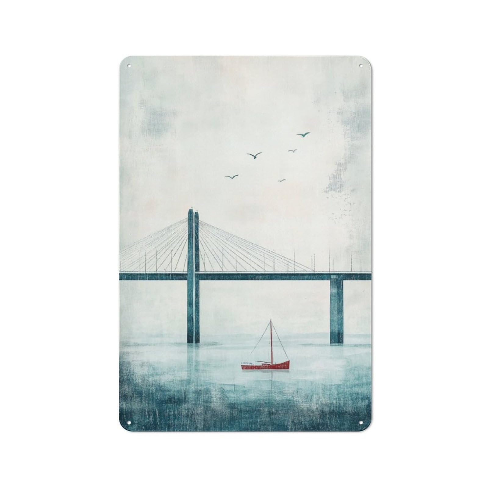 Junmoney Bridge And Sailboat Tin Wall Plaque 30X20cm With For Home Office Or Studio, Gift Idea At Christmas For Creative Workspace Decorators
